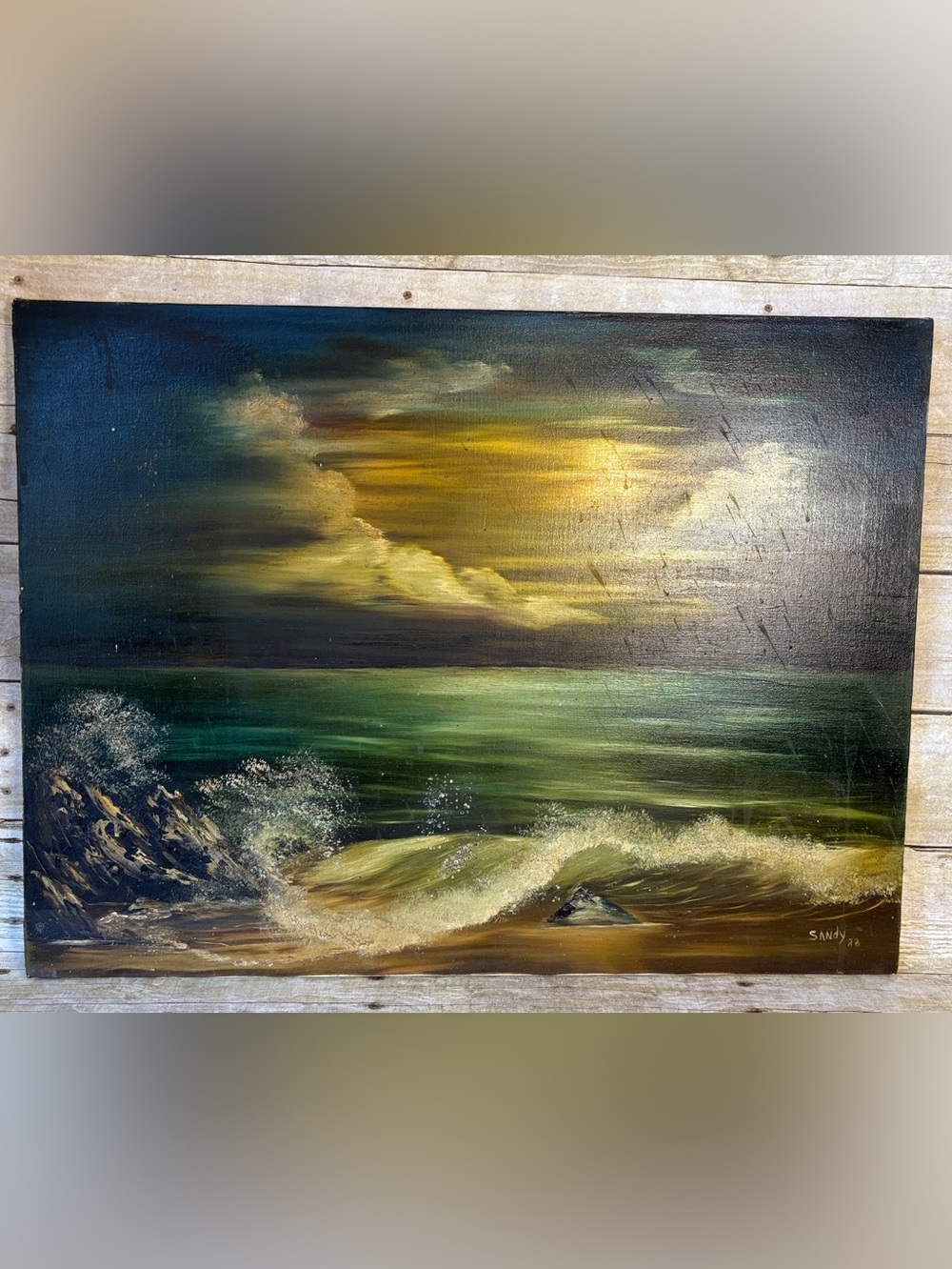 Vintage Seaside Horizon Oil Painting - Blue, Green, and Gold Coastal Scene
